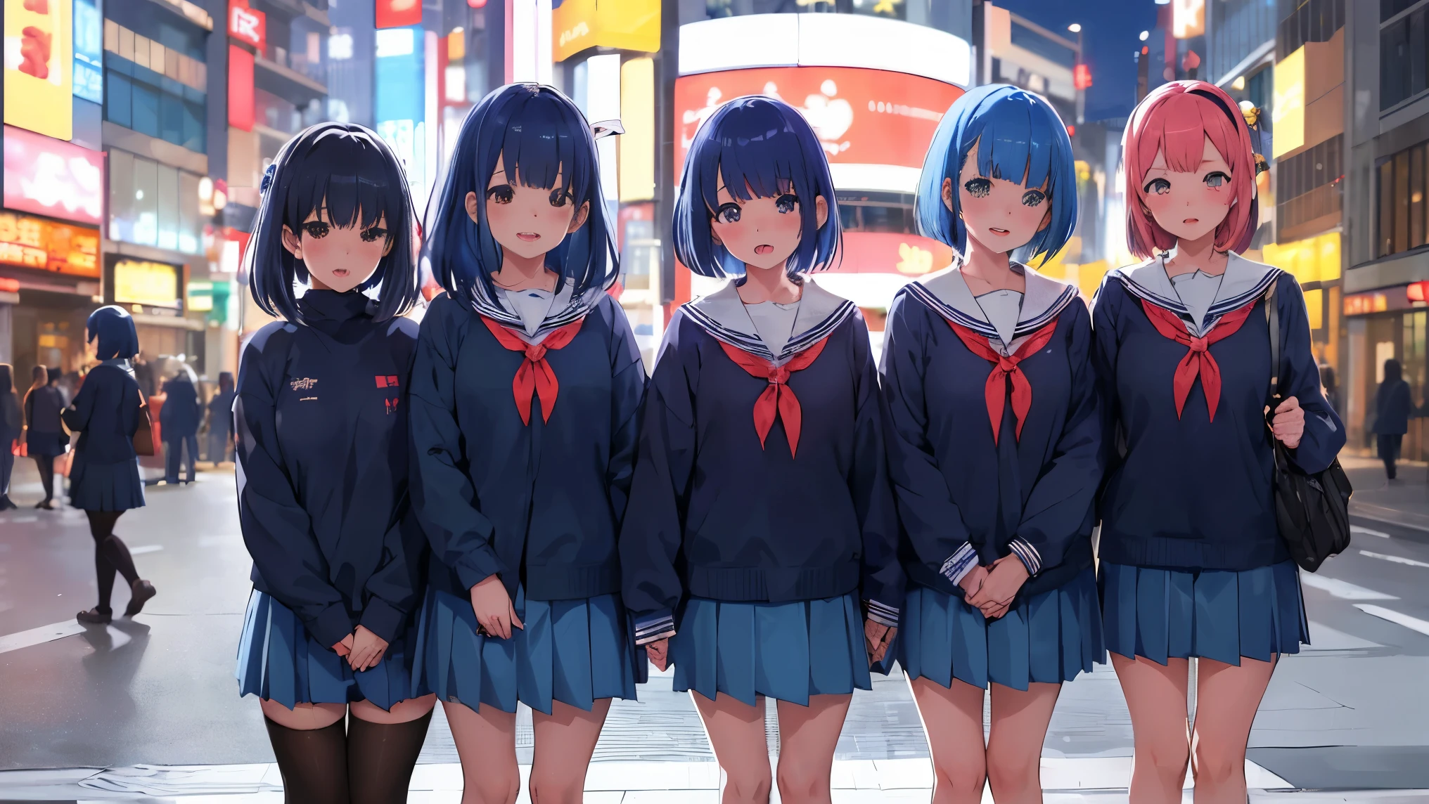 5 girls, Photo of beautiful Japanese idols in Shibuya. blue hair, Againm \(Again:NULL\), [smile], blush, School、 masterpiece, highest quality, perfect lighting, 1 girl, skirt, medium bAgainsts,，sailor suit，bob cut，hair above one eye、hair accessories、