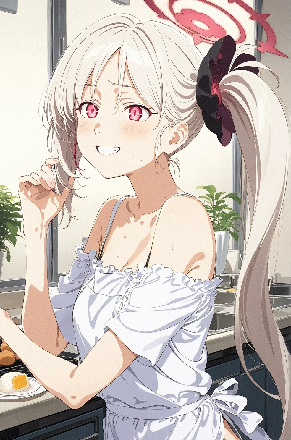 best quality, amazing quality, very aesthetic, absurdres, (1girl, mutsuki, blue archive, solo, red eyes, white hair, side ponytail), (realistic face:0.9),(off-shoulder dress:1.8),dress lift, (grin, blush, thigh:1.3), (cowboy shot), (glowing eyes:2), (half closed eyes:0.9), (from side:2),(official art:1.3), (kitchen), expressive eyes, perfect face, 4k, extremely detailed anime illustration, extremely detailed eyes, perfect anatomy, light rays, extremely delicate body, smooth skin, (school background:1.5), clear eyes, beautiful face, small breasts,(anime style:1.5), (Chiaroscuro:1.5), (highres:2), In the kitchen, brightly lit by the morning sun, a woman in a white apron is smiling at us. In her right hand is a handful of rice balls, and in her left is a small white plate filled with salt. Her smile is as if she is saying, "Look, it's almost ready.