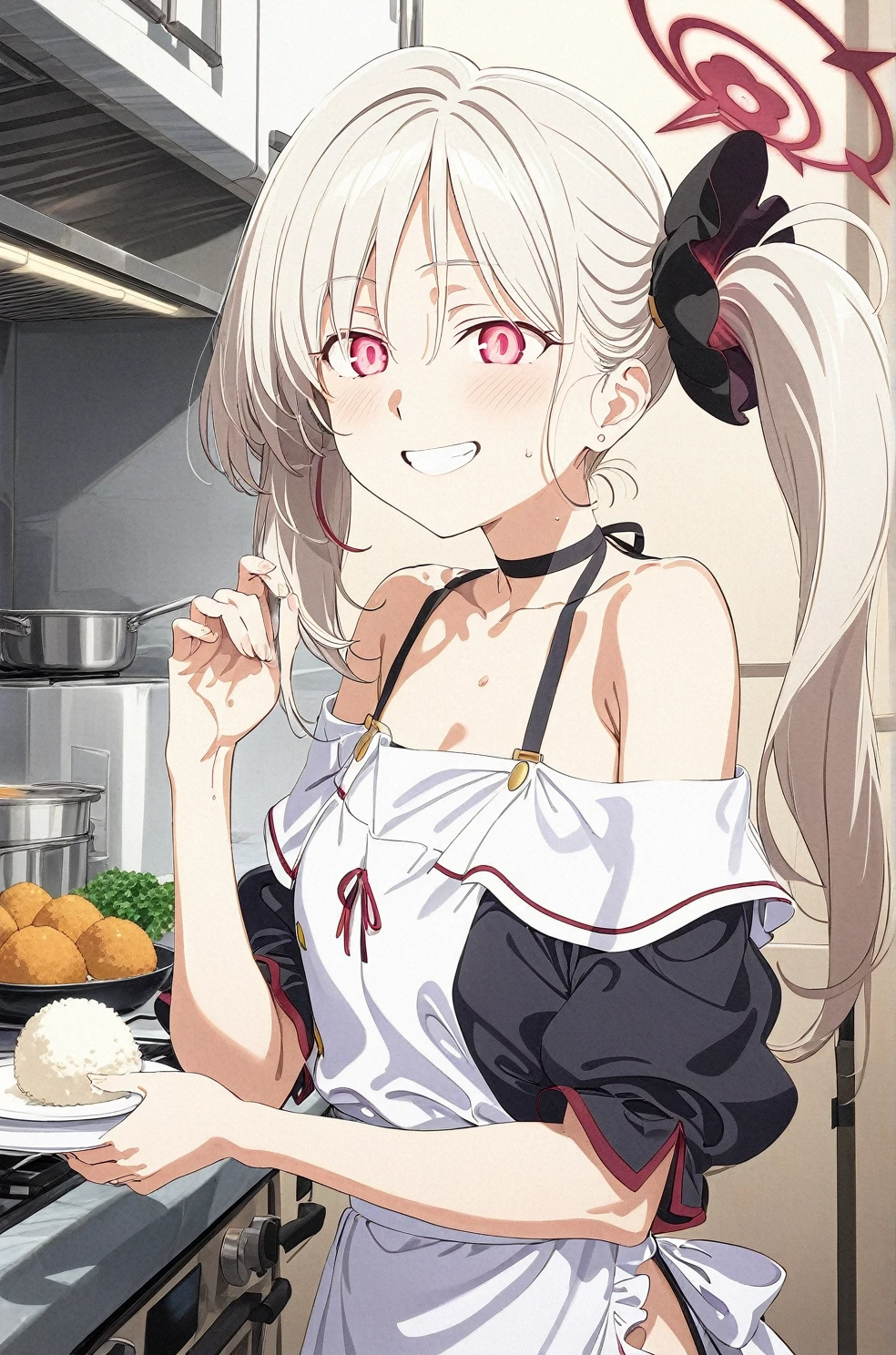 best quality, amazing quality, very aesthetic, absurdres, (1girl, mutsuki, blue archive, solo, red eyes, white hair, side ponytail), (realistic face:0.9),(off-shoulder dress:1.8),dress lift, (grin, blush, thigh:1.3), (cowboy shot), (glowing eyes:2), (half closed eyes:0.9), (from side:2),(official art:1.3), (kitchen), expressive eyes, perfect face, 4k, extremely detailed anime illustration, extremely detailed eyes, perfect anatomy, light rays, extremely delicate body, smooth skin, (school background:1.5), clear eyes, beautiful face, small breasts,(anime style:1.5), (Chiaroscuro:1.5), (highres:2), In the kitchen, brightly lit by the morning sun, a woman in a white apron is smiling at us. In her right hand is a handful of rice balls, and in her left is a small white plate filled with salt. Her smile is as if she is saying, "Look, it's almost ready.