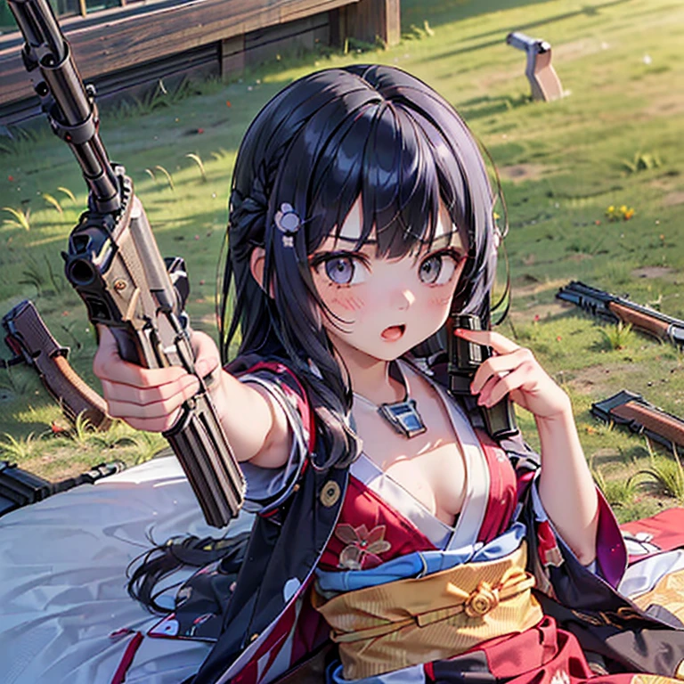 (Fox Girl, Fox Ears, Black colored hair, Fox Makeup, One Girl, Long Hair:1.6), (kimono, Kimono with open chest, A beautiful kimono with red and black patterns, I can see her cleavage, Open chest, Skin is visible:1.8), (Body measurements are 75-60-75!, Young girl body, Small breasts, Small breasts, Emphasize the chest, Prone, Ready your gun?, Take aim, Colt M16A2 rifle:1.9), Avatar, face, lewd face, Dominant representation, naughty face, Uplifting, Skin Texture, outside, Grassy field
