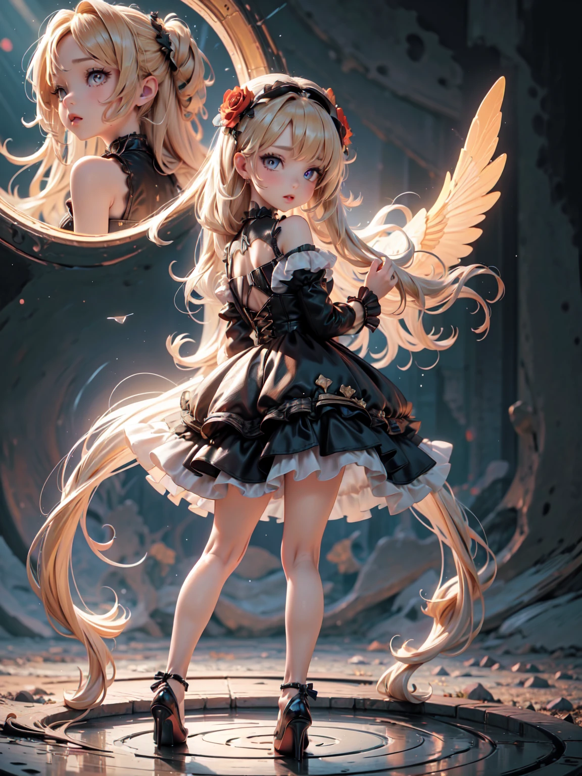 a beautiful blonde girl, 3d digital art, detailed face, beautiful eyes, beautiful lips, long eyelashes, elegant dress, off the shoulder skirt, fishnet stockings, high heels, intricate details, luxurious, rich, poisonous, vibrant colors, dramatic lighting, chiaroscuro, cinematic, photorealistic, 8k, (best quality,4k,8k,highres,masterpiece:1.2),ultra-detailed,(realistic,photorealistic,photo-realistic:1.37)