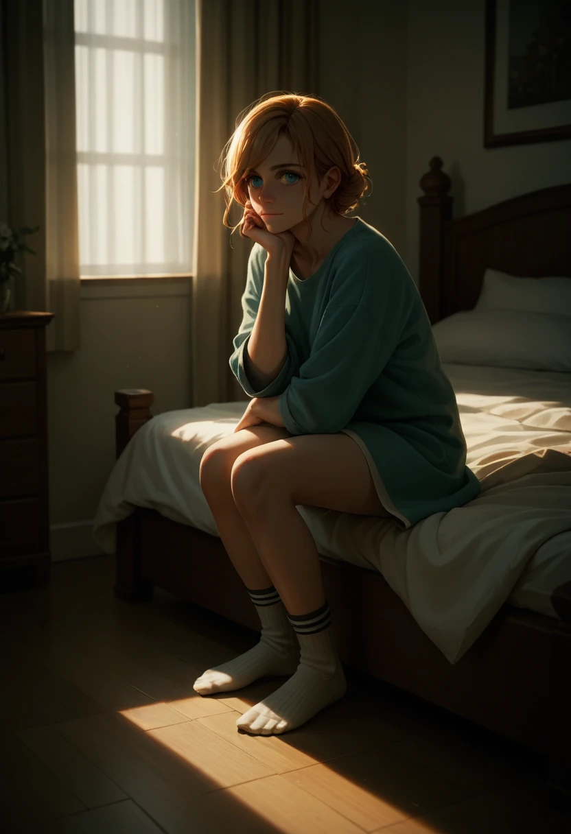 score_9, score_8_up, score_7_up, score_6_up, source_anime, masterpiece, newest,
1girl, cute, solo, full body, bedroom, socks, soft lighting, warm lighting, arm under chin