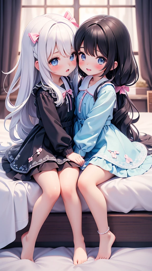 (((petite bishojo, 2girls))), ((kawaii face)), ((watery eyes)), ((masterpiece)), (top quality), ((hyper detailed)), (beautiful and aesthetic), (exquisite), (depth), (super detailed skin), (high standard), ((high resolution)), (perfect anatomy), ((full body)), ((jk-girly)), ((hug, cheek to kiss)), (blush), (lipstick), (bare foot), ((wariza)), (own room), (big bow in hair), (perfect body), (white, blue, black), (perfect hands)