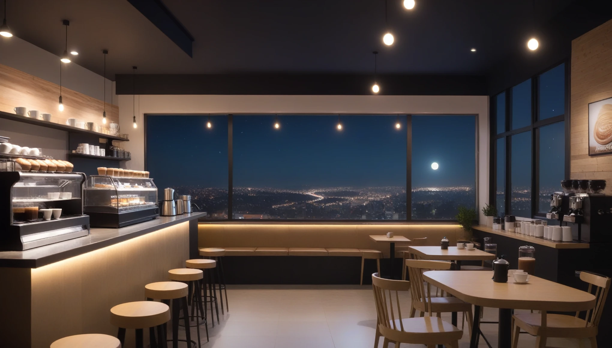 At night frontal shot coffee shop interior, tables with coffee cups and a big window in the center