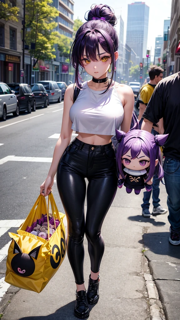 (masterpiece), best quality, expressive eyes, perfect face, purple hair, yellow eyes, women, white crop top, hair in a bun, black pants, one person, walk, carrying a kuromi doll