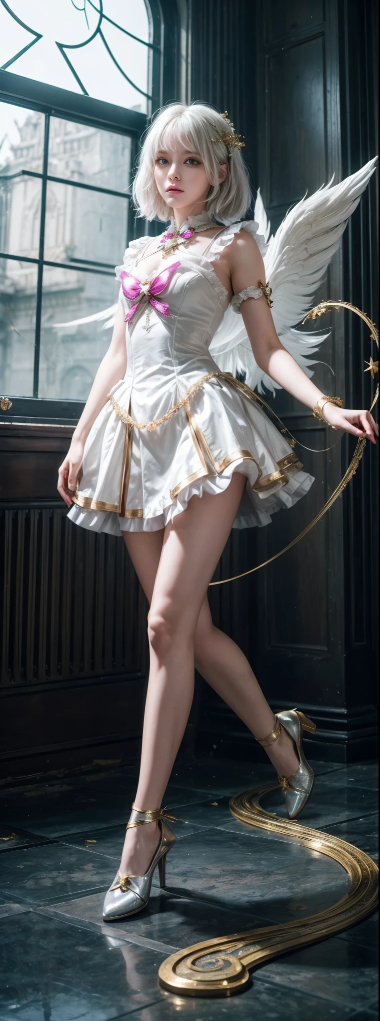 portrait, Long hair, White hair, Golden Eyes, 1 Girl, head, Face, Magical girl, absurdes, masterpiece, best quality, Magical girl costume, ((Mahou Shoujo)), short hair, desolate, ruins, Dynamic poses, Revelation, Spellcasting, Style - Glass, full-body shot