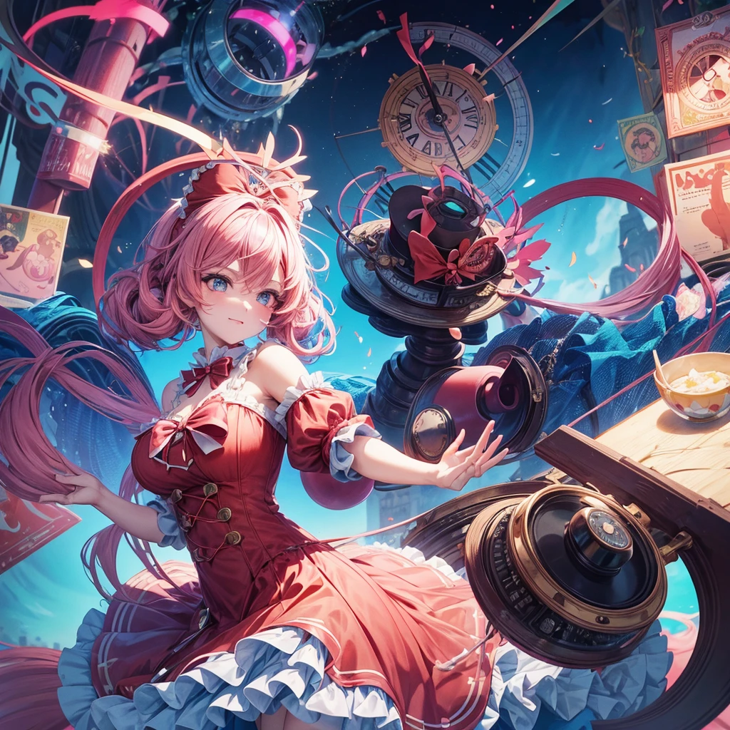 Make me an anime girl with curly pink and blue hair, with clock spring eyes, wonderland style, big black and red queen of heart dress, with a big red bow, and a mad hatter’s hat with bunny ear’s sticking out of the hat, and a big fluffy tail, with a long colorful dress, reference sheet back and front view