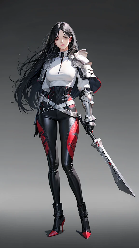 A woman，Profession：Female Knight，Black hair flowing in the wind，Metal Armor，Metal Leg Armor，Black leather pants，White top，Red accessories，Big breasts，High heel，Standing，Full body picture，Front display。
