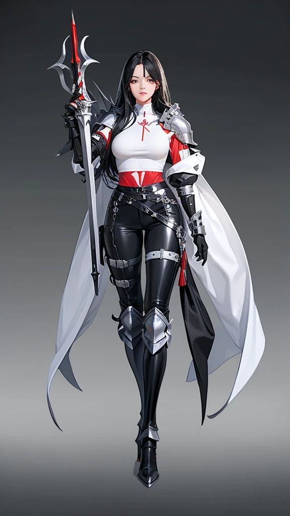 A woman，Profession：Female Knight，Black hair flowing in the wind，Metal Armor，Metal Leg Armor，Black leather pants，White top，Red accessories，Big breasts，High heel，Standing，Full body picture，Front display。
