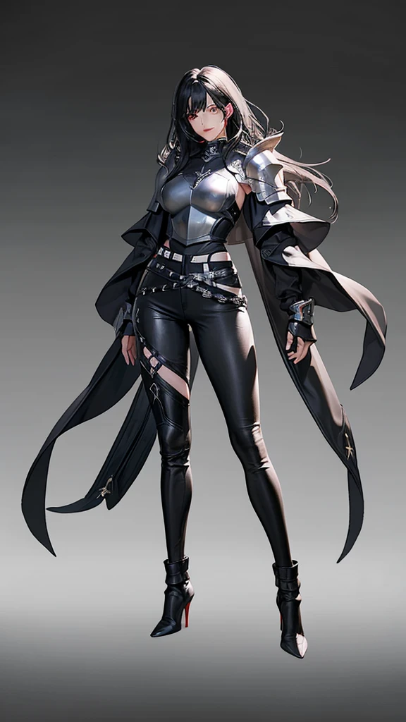 A woman，Profession：Female Knight，Black hair flowing in the wind，Metal Armor，Metal Leg Armor，Black leather pants，White top，Red accessories，Big breasts，High heel，Standing，Full body picture，Front display。
