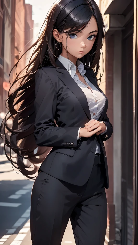 20 years old,1,Proud girl,A look of contempt,Cool,Black long hair,Suit,leader,Better figure,detailed,HD,Half-length photo
