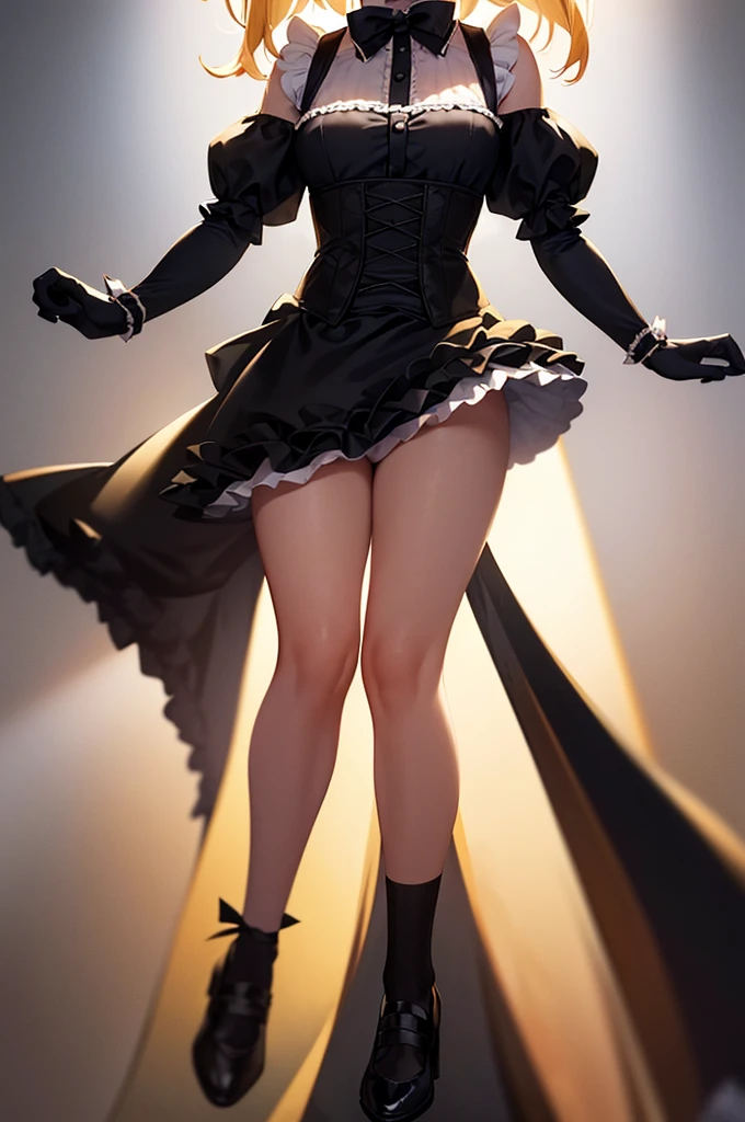((Maid)),Frills,corset,(mini skirt),Cute little ,Tiny ,Small girl,,Childish face, Very fine clean face,Top quality,Straight Hair,Yellow hair,(Dark Room), Subtle light, Natural light,Soft lighting,Light from directly behind,(Open your hands), (Are standing),Front view,Black background