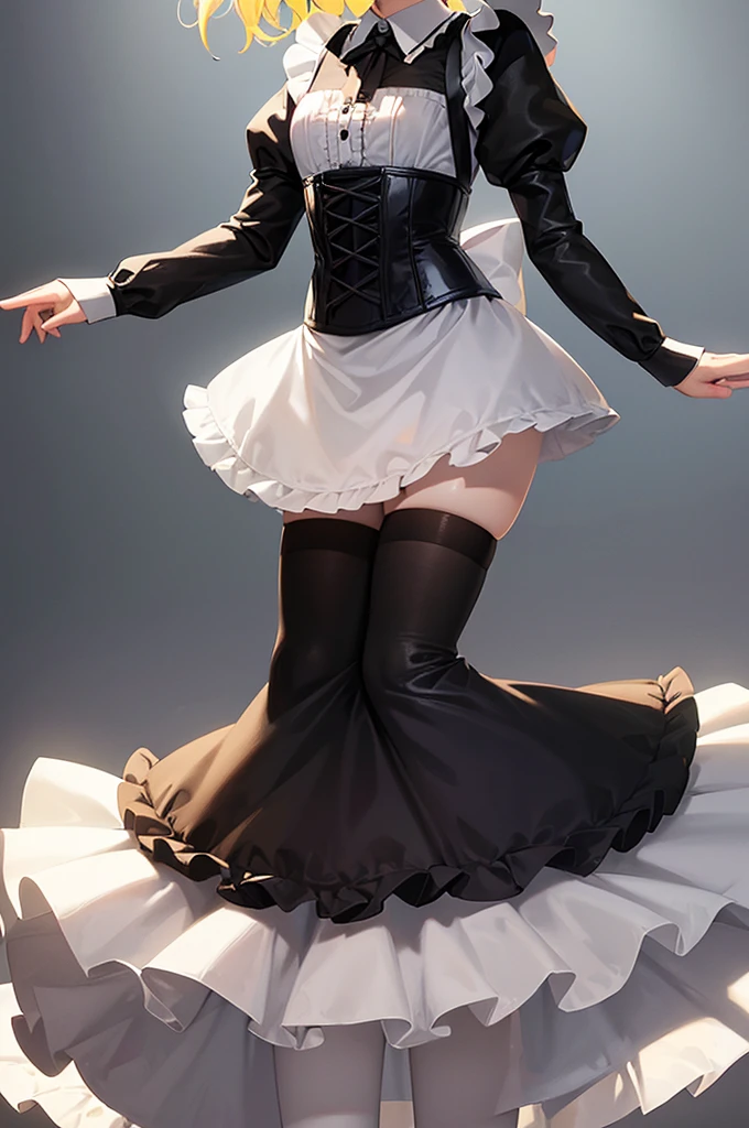 ((Maid)),Frills,corset,(mini skirt),Cute little ,Tiny ,Small girl,,Childish face, Very fine clean face,Top quality,Straight Hair,Yellow hair,(Dark Room), Subtle light, Natural light,Soft lighting,Light from directly behind,(Open your hands), (Are standing),Front view,Black background