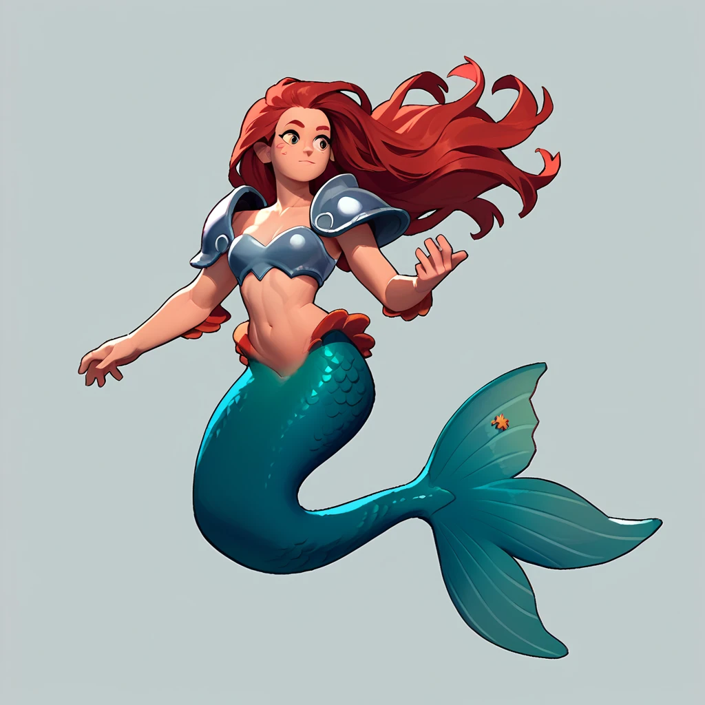 full body view of a furry mermaid, female, long hair, red and white color, having steel shoulder pads
