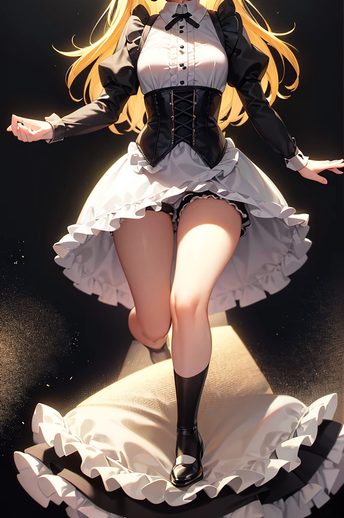 ((Maid)),Frills,corset,(mini skirt),Cute little ,Tiny ,Small girl,,Childish face, Very fine clean face,Top quality,Straight Hair,Yellow hair,(Dark Room), Subtle light, Natural light,Soft lighting,Light from directly behind,(Open your hands), (Are standing),Front view,Black background