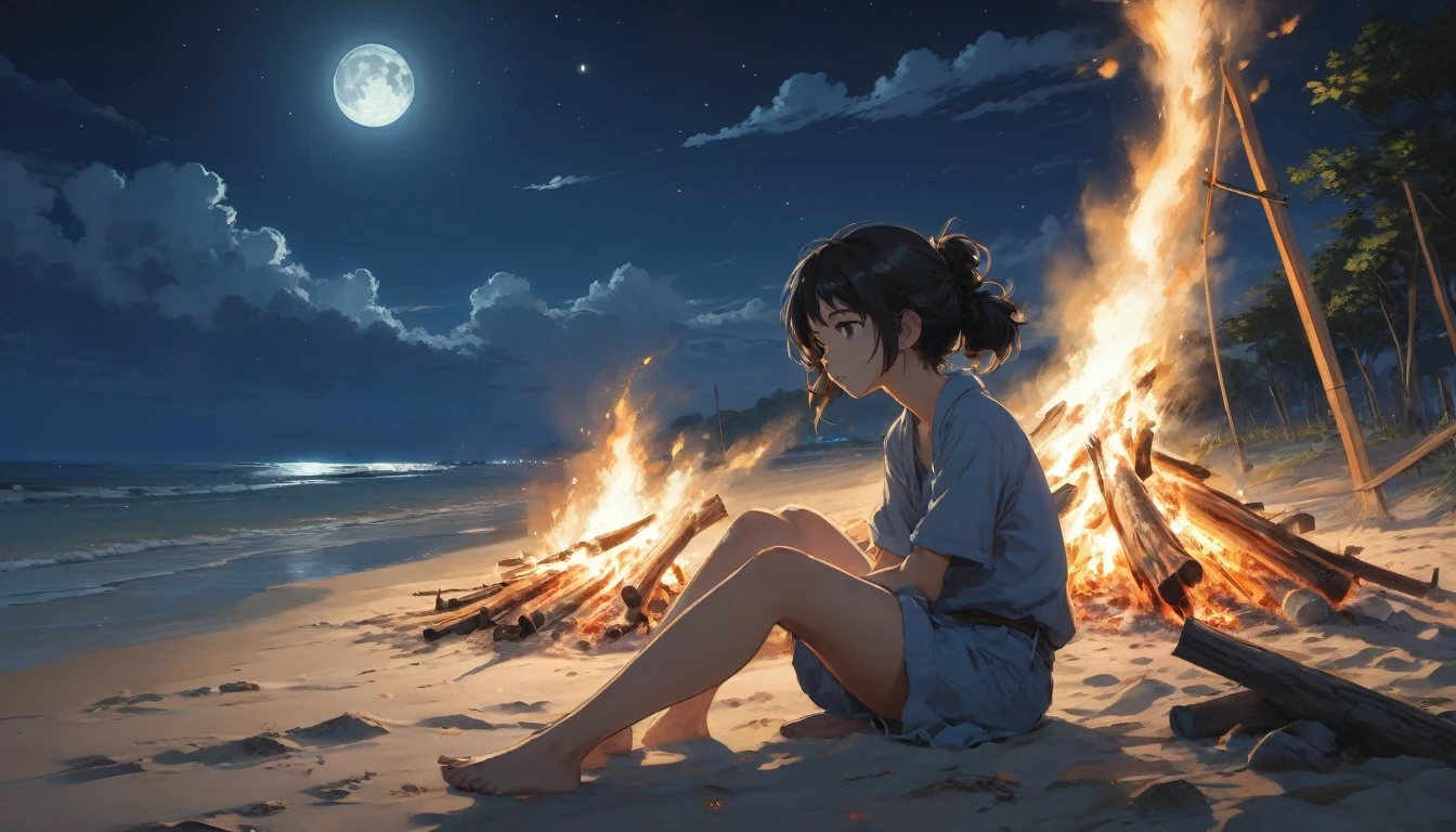 Beach , Anime Realism, The style of Makoto Shinkai and Makoto Niitsu, Highest quality, masterpiece, 8K, Representative works, Official Art, Professional, Super intricate details、Midnight、The moon is out、sitting near the bonfire、Anime Realism,、The style of Makoto Shinkai and Makoto Niitsu, Highest quality, masterpiece, 8K, Representative works, Official Art, Professional, Super intricate details, Girl,Long hair swaying in the wind、A girl is looking up at the moon