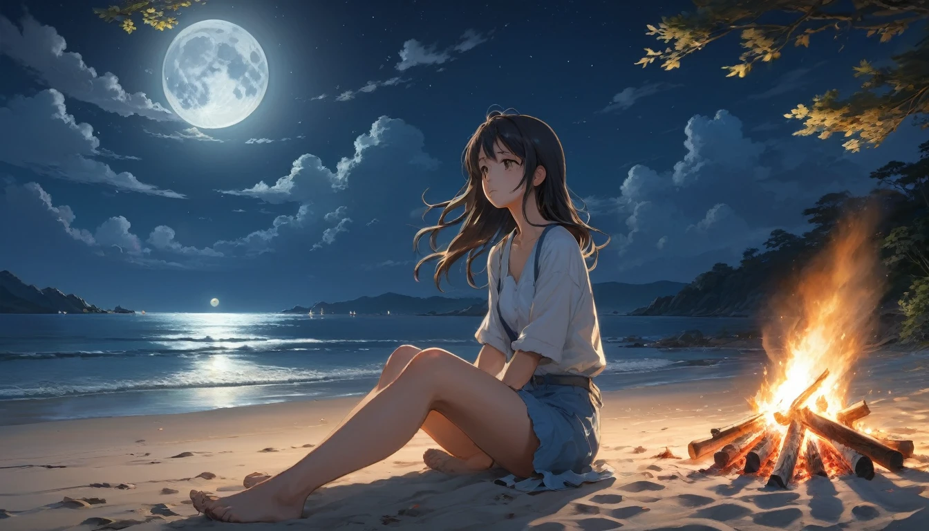 Beach , Anime Realism, The style of Makoto Shinkai and Makoto Niitsu, Highest quality, masterpiece, 8K, Representative works, Official Art, Professional, Super intricate details、Midnight、The moon is out、sitting near the bonfire、Anime Realism,、The style of Makoto Shinkai and Makoto Niitsu, Highest quality, masterpiece, 8K, Representative works, Official Art, Professional, Super intricate details, Girl,Long hair swaying in the wind、A girl is looking up at the moon