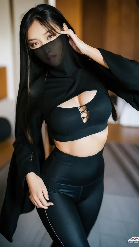 (lifelike, high - resolution:1.3),full body , 1 girl with a perfect body, Super fine face and eyes,slong hair, midriff of black colors:1.2, black shiny leggings,face veil, big boob,Expose cleavage, ninja pose.