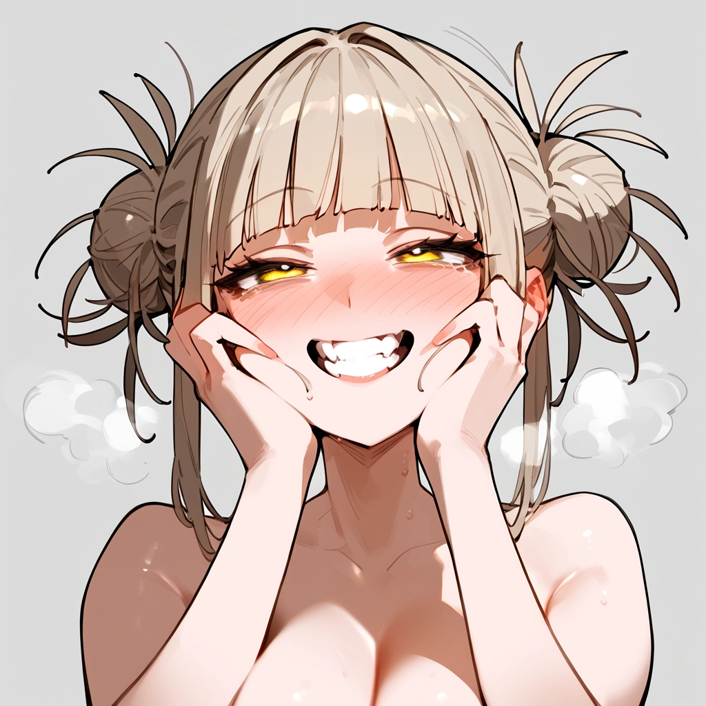 anime artwork, score_9, score_8_up, score_7_up, score_6_up, score_5_up, score_4_up, floox style    //////Himiko toga, big breasts, she is 24 years old, style_3, , , , naked,, yellow eyes, solo, nude,, smile, ,   grey background, simple background , , ,hands on face, AMAZING!, ahegao, , , full-face blush,,  , steam, deep breath, , , steaming body,  face close-up, she get fucked, a little bit below view, rolling eyes, big tits, detailed face,  head up, clenched_teeth 