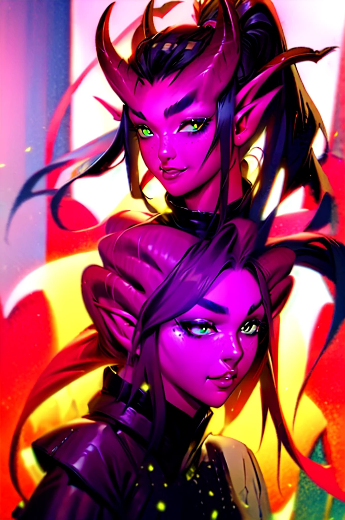 highres, masterpiece, perfect lighting, bloom, cinematic lighting, adult, female, looking at viewer, (RSEEmma:1.5),tiefling, (colored skin, red skin), horns, demon horns, oni horns, dragon horns, tail, pointy ears, side-swept bangs, black hair, pink IncursioDipDyedHair, messy mid ponytail, green eyes, thick eyebrows, freckles, smile 