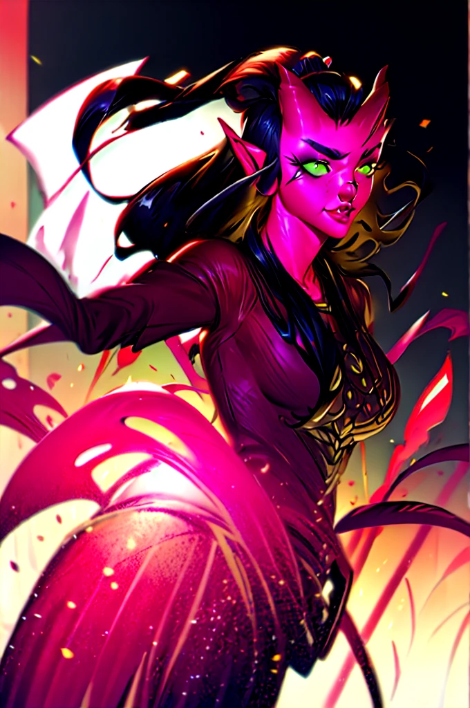highres, masterpiece, perfect lighting, bloom, cinematic lighting, adult, female, looking at viewer, (RSEEmma:1.5),tiefling, (colored skin, red skin), horns, demon horns, oni horns, dragon horns, tail, pointy ears, side-swept bangs, black hair, pink IncursioDipDyedHair, messy mid ponytail, green eyes, thick eyebrows, freckles, smile 