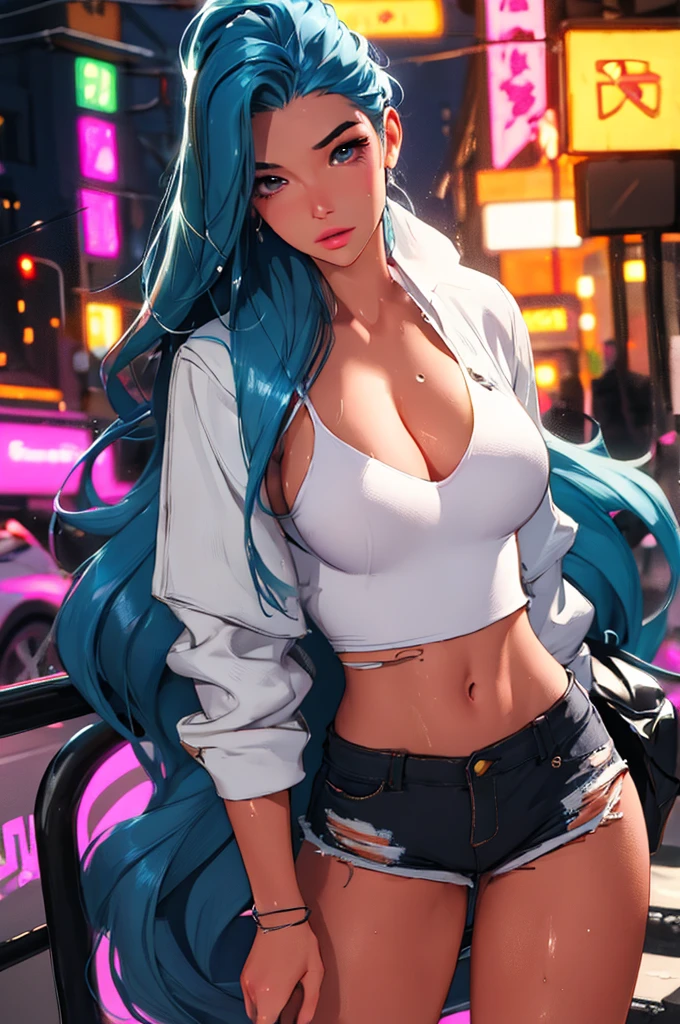 (best quality: 1.2), clean face, (masterpiece: 1.2, 8k)(PureErosFace_V1: 0.7), perfect anatomy, 1girl,a beautiful fashion model ,(masterpiece, official art, best quality) (wet skin, shiny skin) ,long and shiny hair, blue hair with streaks in hair, long hair, full lips, upturned nose , big breasts, looking at viewer, revealing outfit, absurdity, intricate details, city, dynamic pose, night, neon signs, cinematic lighting, (highly detailed skin: 1.2), wearing
short shorts and a tight white top, cleavage, torn clothes