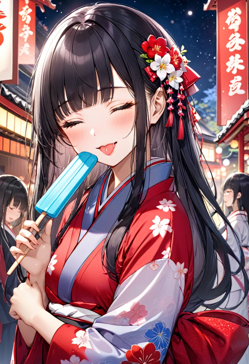 (Stretching out sexy tongue, sexy kiss and Lick:1.2 a popsicle) (solo:2, 15 yo blunt bangs:1.2 black hair long hair shrine maiden cute girl, sexy closed eyes, love smile), (in a cute yukata), break, (in the night Japanese festival venue), BREAK, perfect anatomy, masterpiece, best quality, 16k, beautiful detailed hot, daydreaming expression.