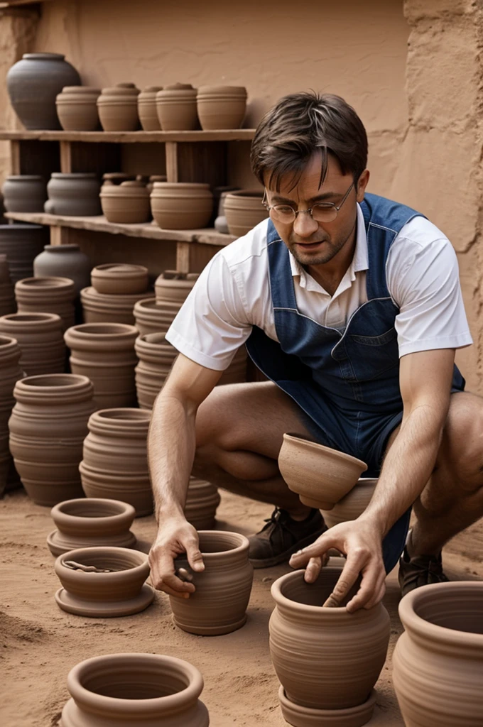 Potter with his clay pots 
Making a pot 