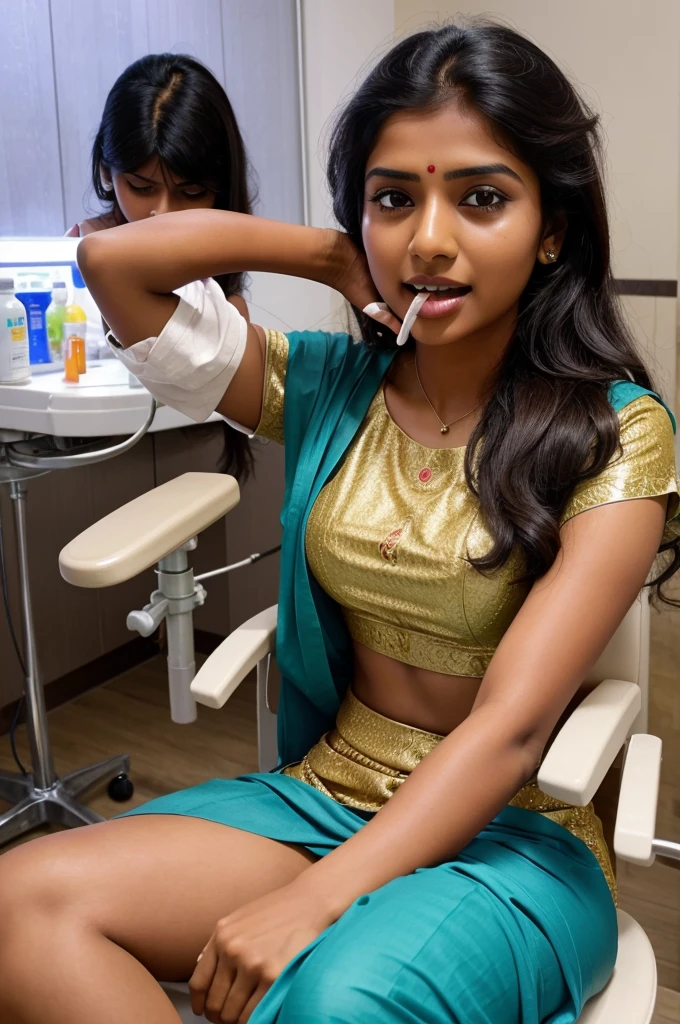 A young Indian woman lie down in dental chair And her mouth is massively open and dentist checking her mouth and the women were a sari and she was crying and dentist drilling in her mouth