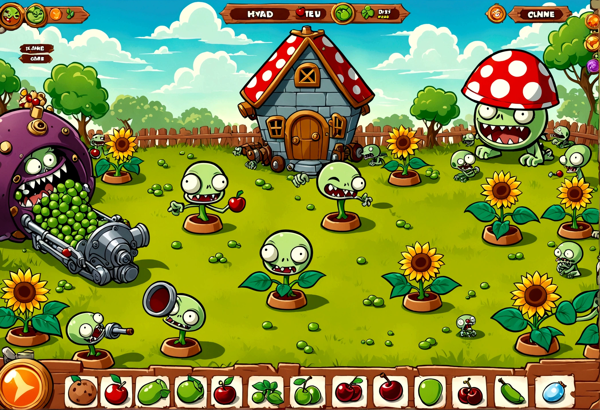 A screen shot showing a gaming video on the popular video-sharing platform，The game being played is a vivid fictional action-adventure game Plants vs. Zombies，The setting is a detailed fantasy world filled with all kinds of weird plants and zombies，Cold，Pea shooter，Potato mines，sunflower，(Cherry Bomb)，Chomper，(Gatling Pea)，Flag zombies，Exaggerated art illustration