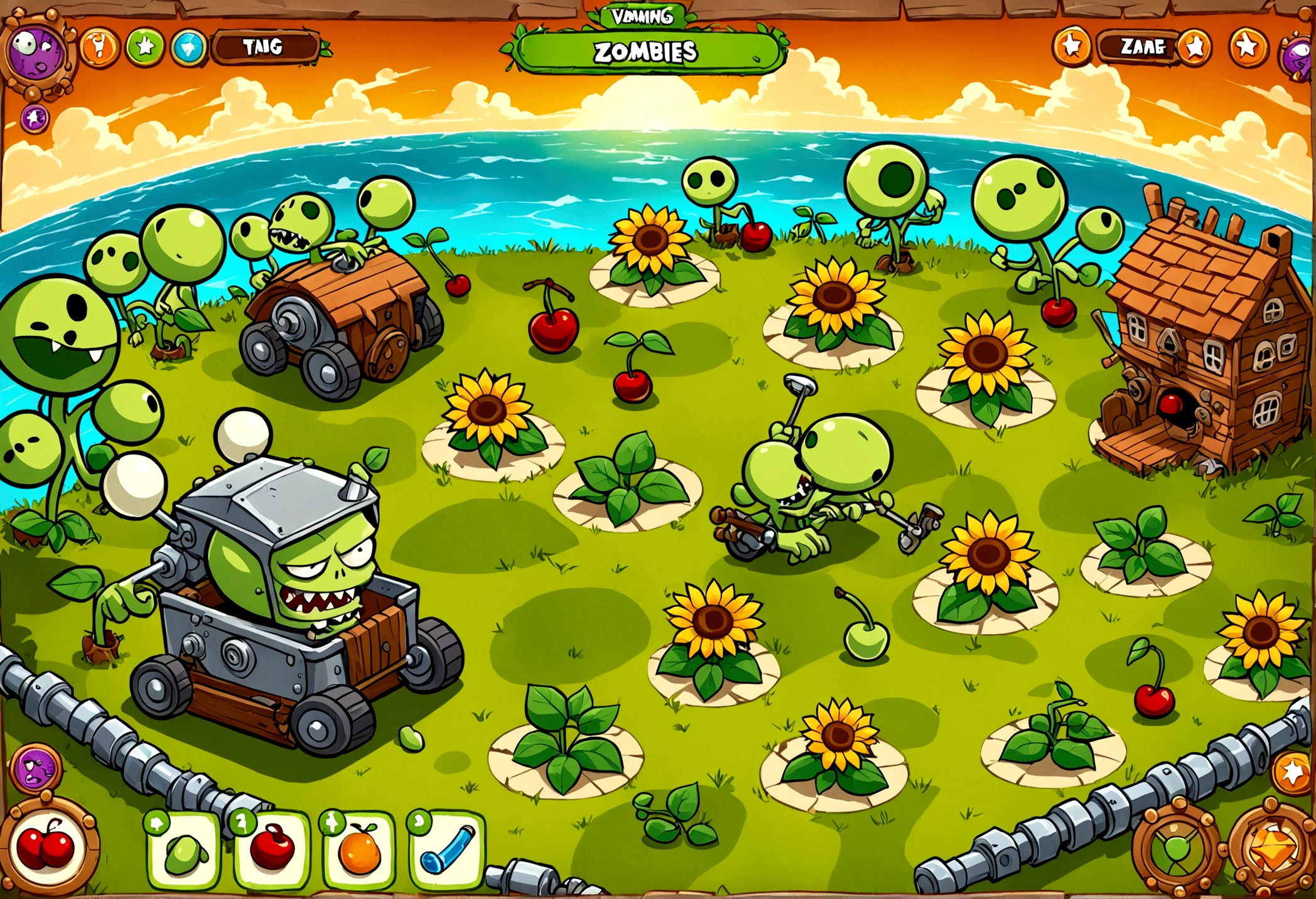 A screen shot showing a gaming video on the popular video-sharing platform,The game being played is a vivid fictional action-adventure game Plants vs. Zombies,The setting is a detailed fantasy world filled with all kinds of weird plants and zombies,Cold,Pea shooter,Potato mines,sunflower,(Cherry Bomb),Chomper,(Gatling Pea),Flag zombies,Exaggerated art illustration