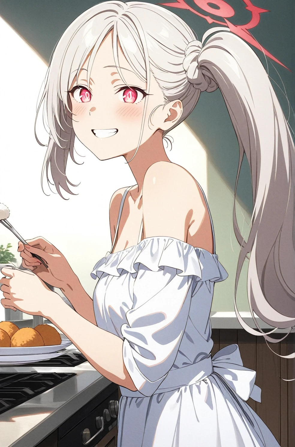 best quality, amazing quality, very aesthetic, absurdres, (1girl, mutsuki, blue archive, solo, red eyes, white hair, side ponytail), (realistic face:0.9),(off-shoulder dress:1.8),dress lift, (grin, blush, thigh:1.3), (cowboy shot), (glowing eyes:2), (half closed eyes:0.9), (from side:2),(official art:1.3), (kitchen), expressive eyes, perfect face, 4k, extremely detailed anime illustration, extremely detailed eyes, perfect anatomy, light rays, extremely delicate body, smooth skin, (school background:1.5), clear eyes, beautiful face, small breasts,(anime style:1.5), (Chiaroscuro:1.5), (highres:2), In the kitchen, brightly lit by the morning sun, a woman in a white apron is smiling at us. In her right hand is a handful of rice balls, and in her left is a small white plate filled with salt. Her smile is as if she is saying, "Look, it's almost ready.