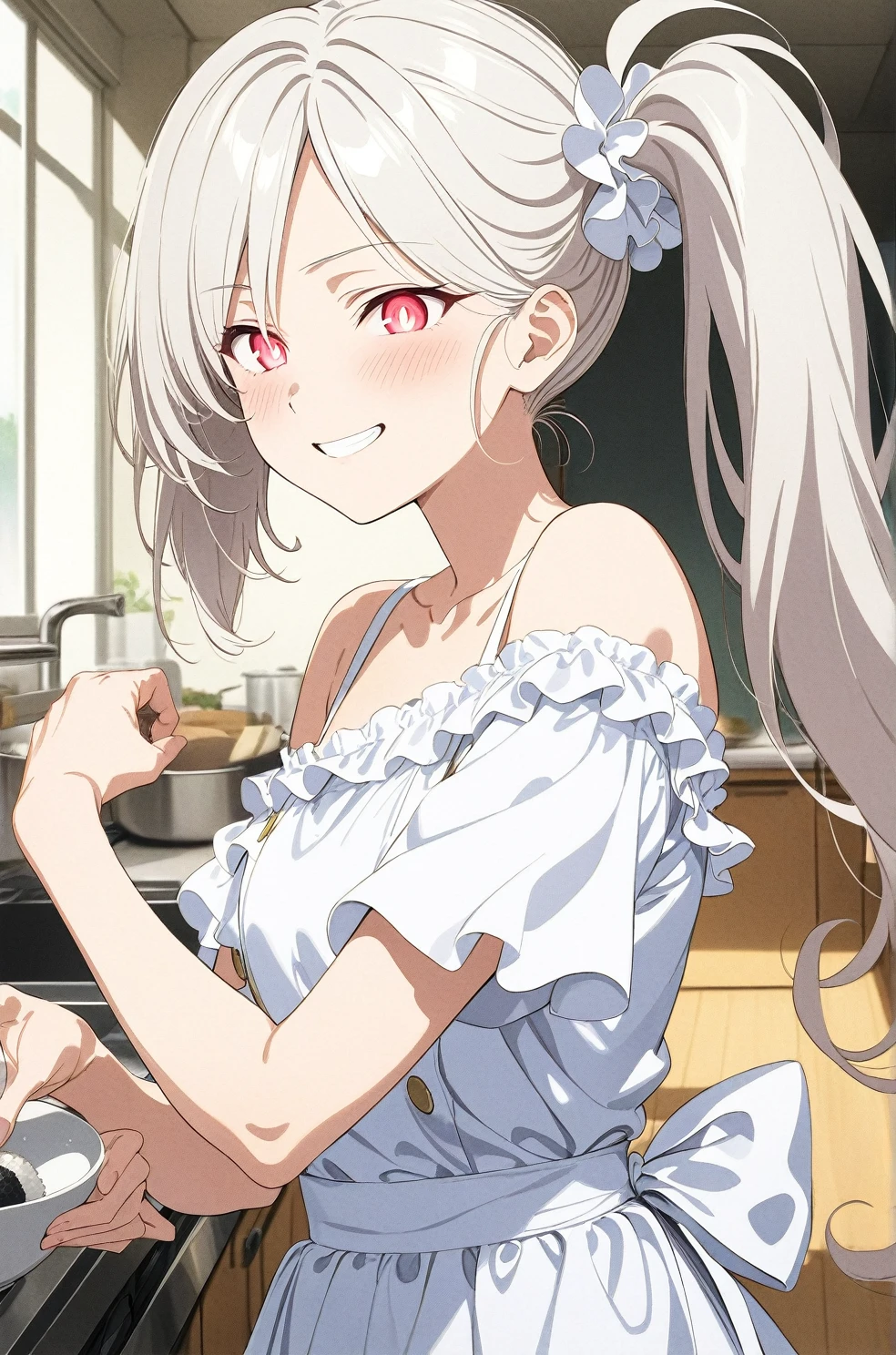 best quality, amazing quality, very aesthetic, absurdres, (1girl, mutsuki, blue archive, solo, red eyes, white hair, side ponytail), (realistic face:0.9),(off-shoulder dress:1.8),dress lift, (grin, blush, thigh:1.3), (cowboy shot), (glowing eyes:2), (half closed eyes:0.9), (from side:2),(official art:1.3), (kitchen), expressive eyes, perfect face, 4k, extremely detailed anime illustration, extremely detailed eyes, perfect anatomy, light rays, extremely delicate body, smooth skin, (school background:1.5), clear eyes, beautiful face, small breasts,(anime style:1.5), (Chiaroscuro:1.5), (highres:2), In the kitchen, brightly lit by the morning sun, a woman in a white apron is smiling at us. In her right hand is a handful of rice balls, and in her left is a small white plate filled with salt. Her smile is as if she is saying, "Look, it's almost ready.