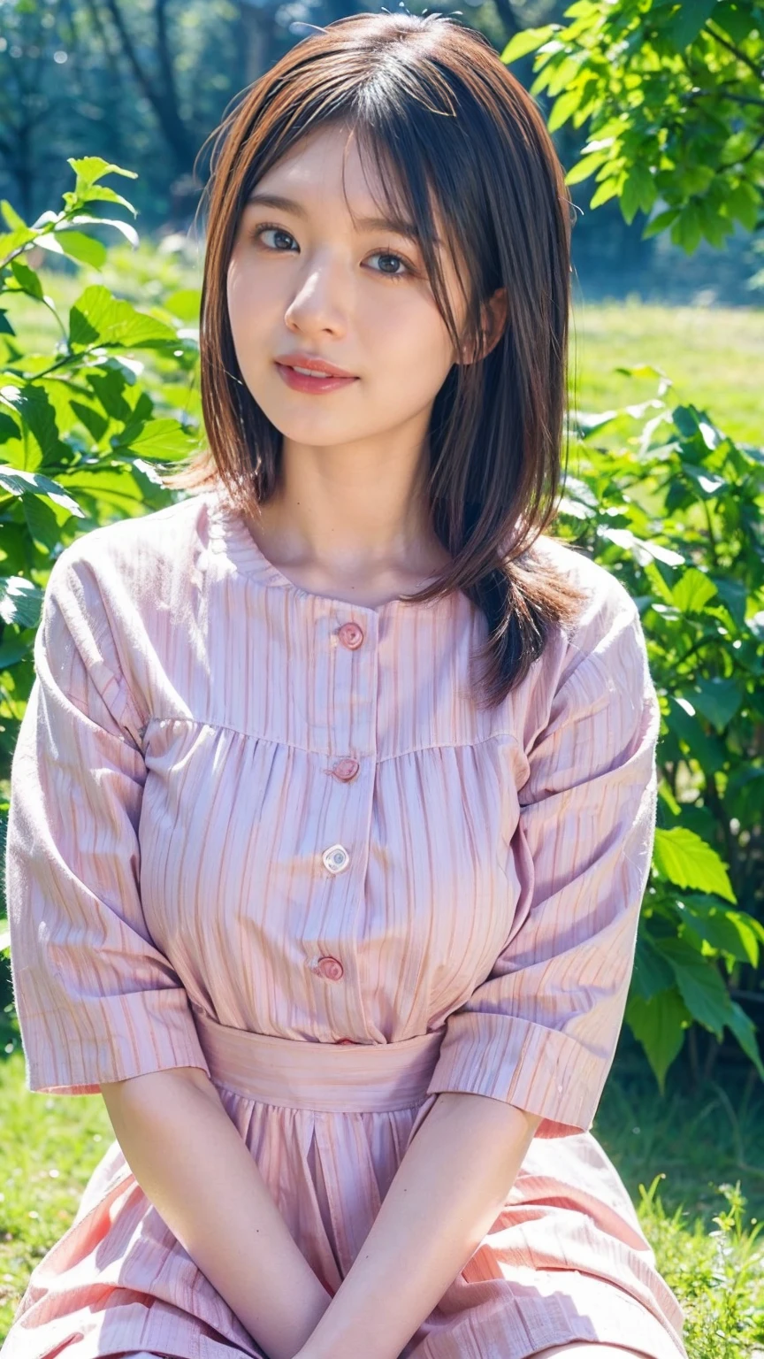 Hairstyle: with long straight hair、The color is dark brown。Has a natural shine、Hair tucked behind ear。
Face shape: In oval shape、Cheekbones are slightly higher。
eye: big、アーモンド型のeye。Eye color is hazel brown。Have long eyelashes、優しいeye元。
nose: Straight in、細めのnose。
lips: With full lips、Natural pink color。When you laugh, smile kindly。
skin: Bright、健康的なツヤのあるskin。No freckles or major scarake: ナチュラルmakeで、eye元に少しのアイシャドウ、Light pink blush and lip gloss。