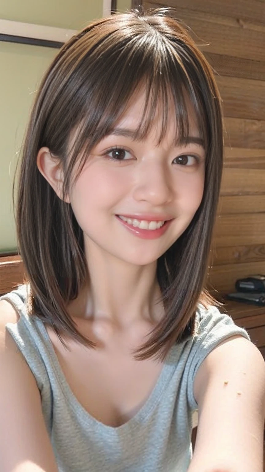 Hairstyle: with long straight hair、The color is dark brown。Has a natural shine、Hair tucked behind ear。
Face shape: In oval shape、Cheekbones are slightly higher。
eye: big、アーモンド型のeye。Eye color is hazel brown。Have long eyelashes、優しいeye元。
nose: Straight in、細めのnose。
lips: With full lips、Natural pink color。When you laugh, smile kindly。
skin: Bright、健康的なツヤのあるskin。No freckles or major scarake: ナチュラルmakeで、eye元に少しのアイシャドウ、Light pink blush and lip gloss。