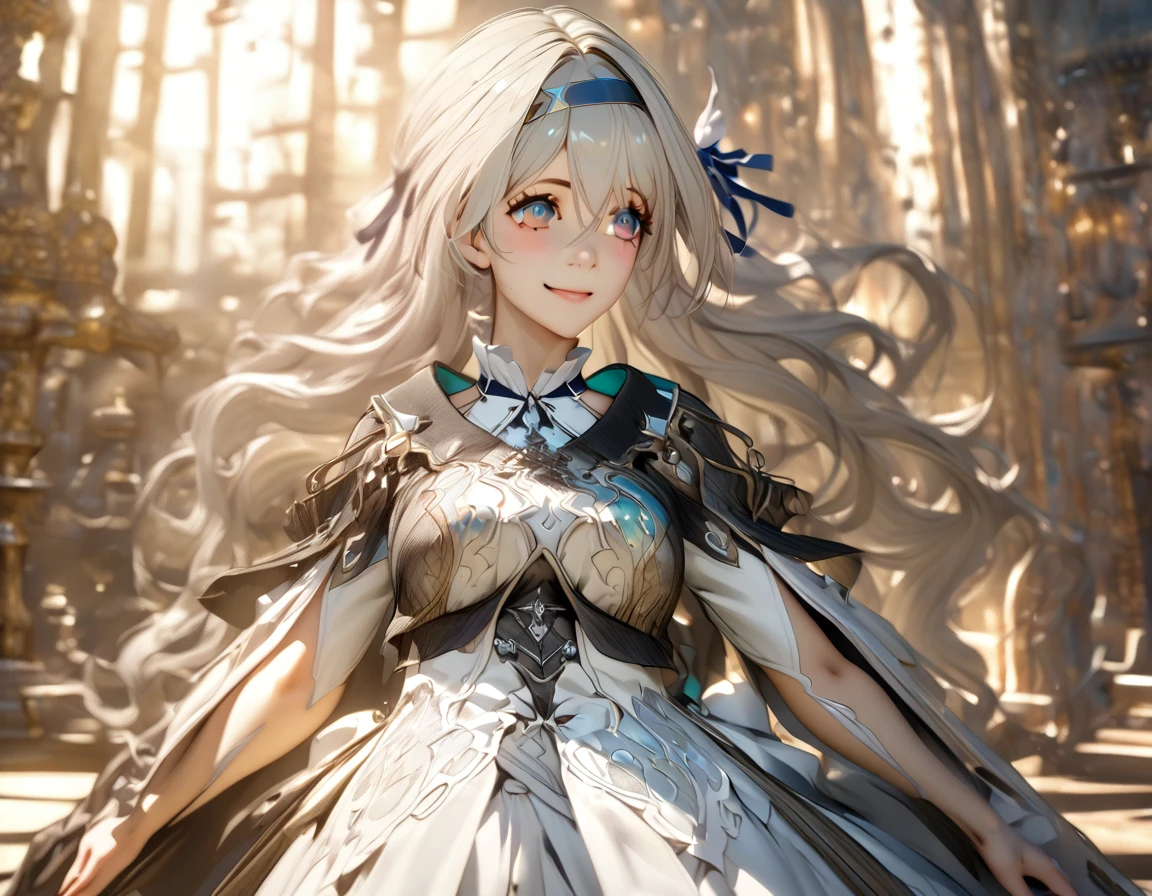 beautiful girl, long gray hair, beautiful face,smiling,close to the hips, beautiful breasts, standing in front of the altar , (Open mouth:0.4),illustration,Detailed textures(realistic),ultra detailed,portrait style,vivid colors,soft lighting, blush, maduro, fluttering hair, The evening light , headband, ((Half body)), not good, neckline, wearing an intricate two tone wedding dress, perky. ((side profile to hips)), prayer pose. NSFW