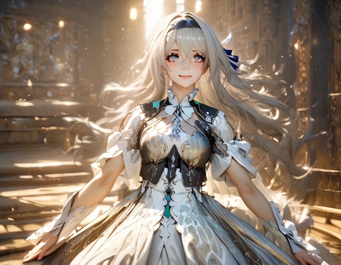 beautiful girl, long gray hair, beautiful face,smiling,close to the hips, beautiful breasts, standing in front of the altar , (Open mouth:0.4),illustration,Detailed textures(realistic),ultra detailed,portrait style,vivid colors,soft lighting, blush, maduro, fluttering hair, The evening light , headband, ((Half body)), not good, neckline, wearing an intricate two tone wedding dress, perky. ((side profile to hips)), prayer pose. NSFW