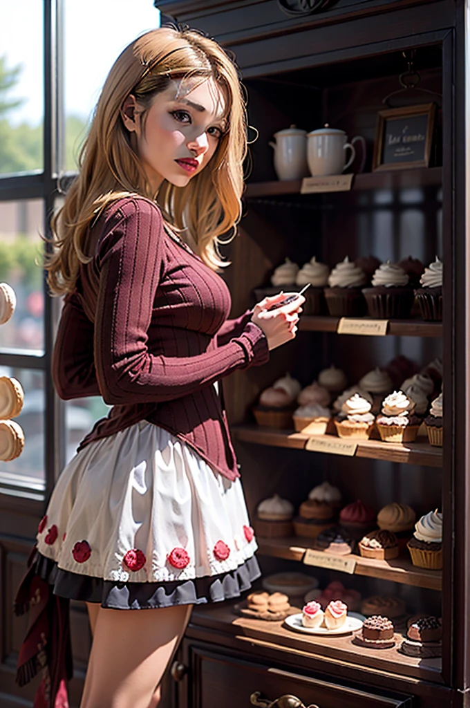 masterpiece, Very detailed, (Red Cliff:1.3), , (1 Girl), Blonde hair, Soft colors, Comfortable atmosphere, Dessert Display Cabinet, Macaron, cupcake, tart, cake, Coffee machine, Blackboard menu, Natural Lighting, Glass jar filled with candies, Frosted window glass, Decorative plates, Whimsical Decorations, Sugar Sculpture,
