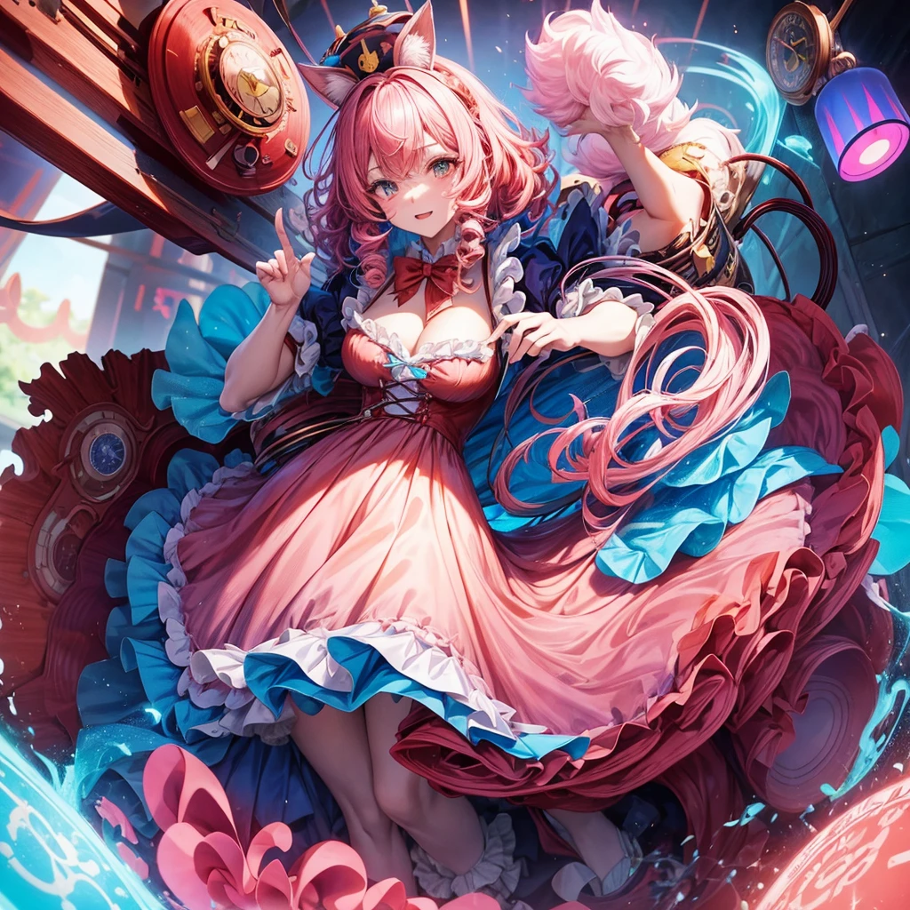 Make me an anime girl with curly pink and blue hair, with clock spring eyes, wonderland style, big black and red queen of heart dress, with a big red bow, and a mad hatter’s hat with bunny ear’s sticking out of the hat, and a big fluffy tail, with a long colorful dress, reference sheet back and front view