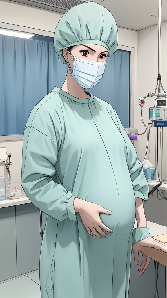 masterpiece, highest quality, source_anime, the view is turned slightly to the side, upper body, (RAW photo, best quality), 1girl, frown, pale skin, shy eyes, big breasts, big tits, pregnant, stand, natural lighting, solo, hospital, in the operating room, 
ray kasugano, pregnant with big belly, (give a score of 9_give a score of 8_give a score of 7) long sleeve Surgical dress, bouffant cap, cover the ears, surgical mask, long surgical gloves, 