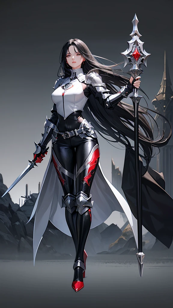 A woman，Profession：Female Knight，Black hair flowing in the wind，Metal Armor，Metal Leg Armor，Black leather pants，White top，Red accessories，Big breasts，High heel，Standing，Full body picture，Front display。
