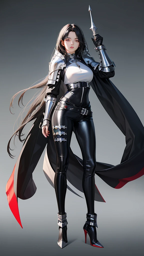 A woman，Profession：Female Knight，Black hair flowing in the wind，Metal Armor，Metal Leg Armor，Black leather pants，White top，Red accessories，Big breasts，High heel，Standing，Full body picture，Front display。
