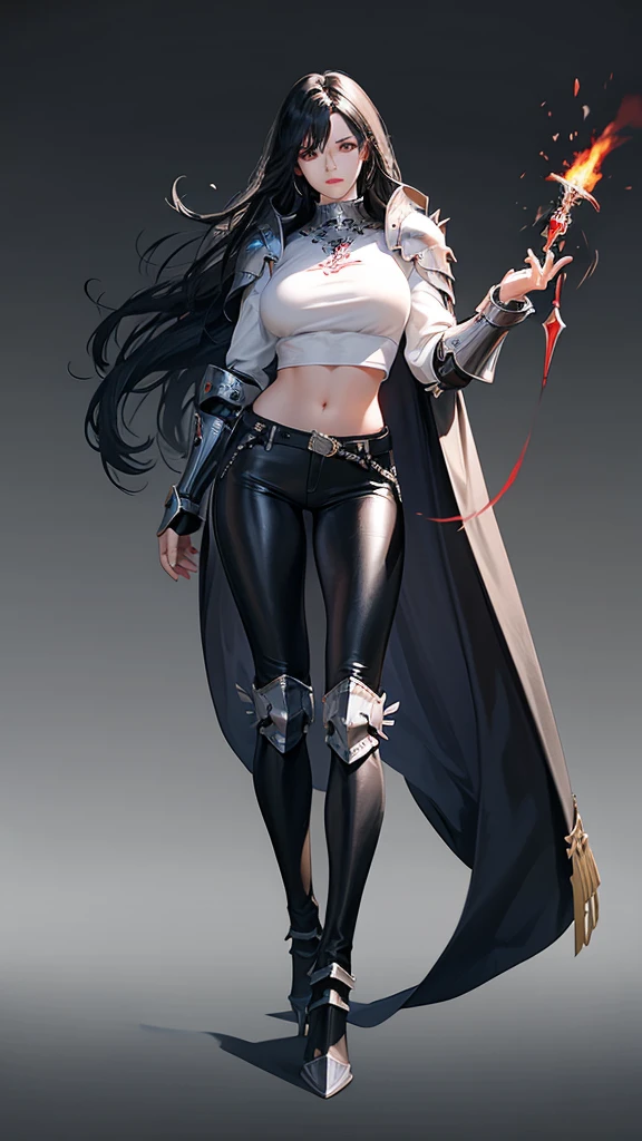 A woman，Profession：Female Knight，Black hair flowing in the wind，Metal Armor，Metal Leg Armor，Black leather pants，White top，Red accessories，Big breasts，High heel，Standing，Full body picture，Front display。
