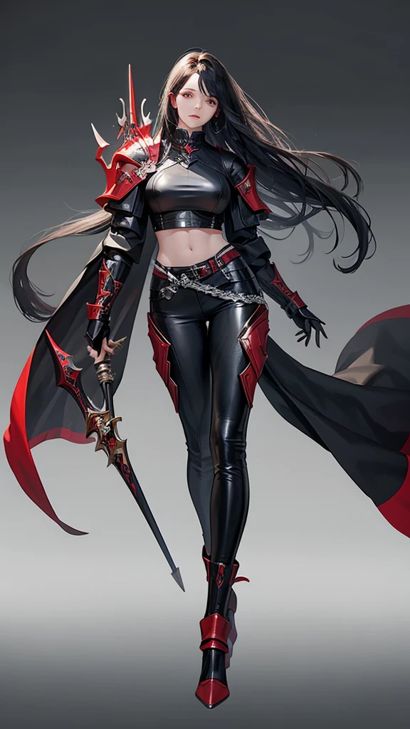 A woman，Profession：Female Knight，Black hair flowing in the wind，Metal Armor，Metal Leg Armor，Black leather pants，White top，Red accessories，Big breasts，High heel，Standing，Full body picture，Front display。
