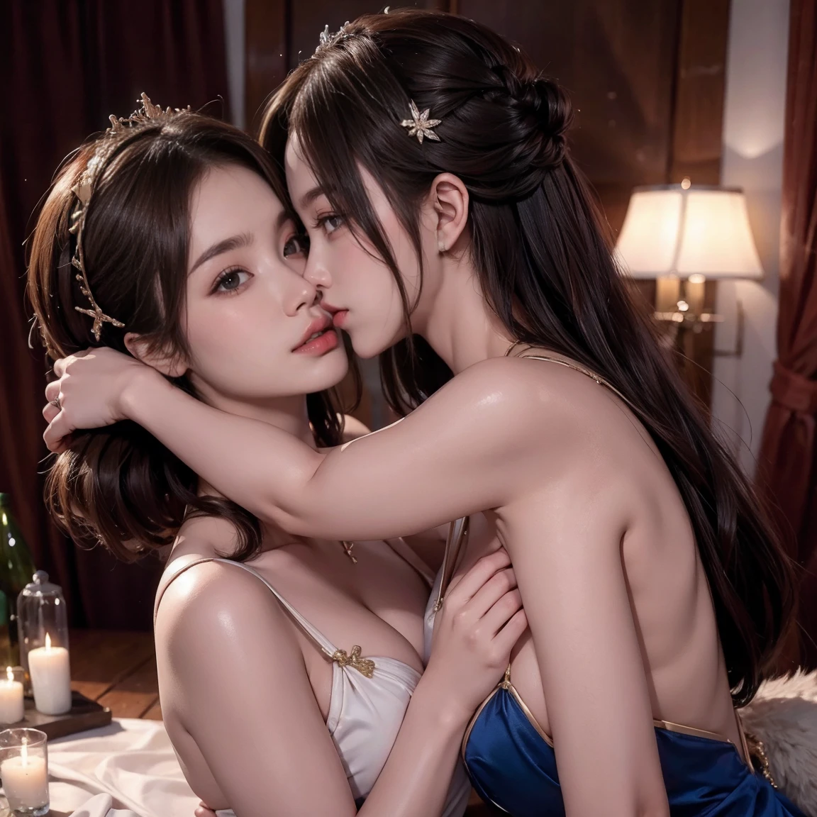 bob cut, furrowed brow, eyeball, makeup, evil smile, uhd, textured skin, super detail, high details, high quality, award winning, best quality, highres, 16K、Two beautiful women kissing while looking at each other