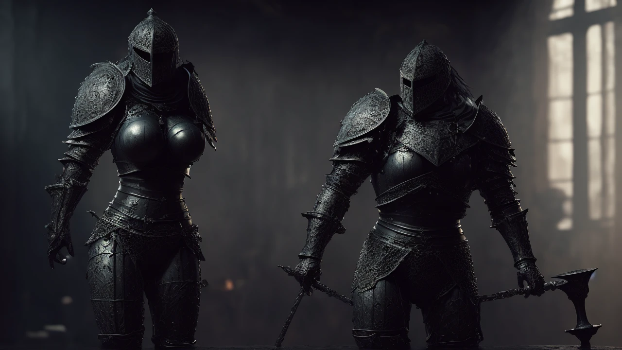 a knight in all black armor, extremely detailed, highly detailed muscular thicc body, huge bouncy breasts, thick strong thighs, blood splatters, gritty grounded fantasy, cinematic dramatic lighting, hyper realistic, 8k, high quality, masterpiece
