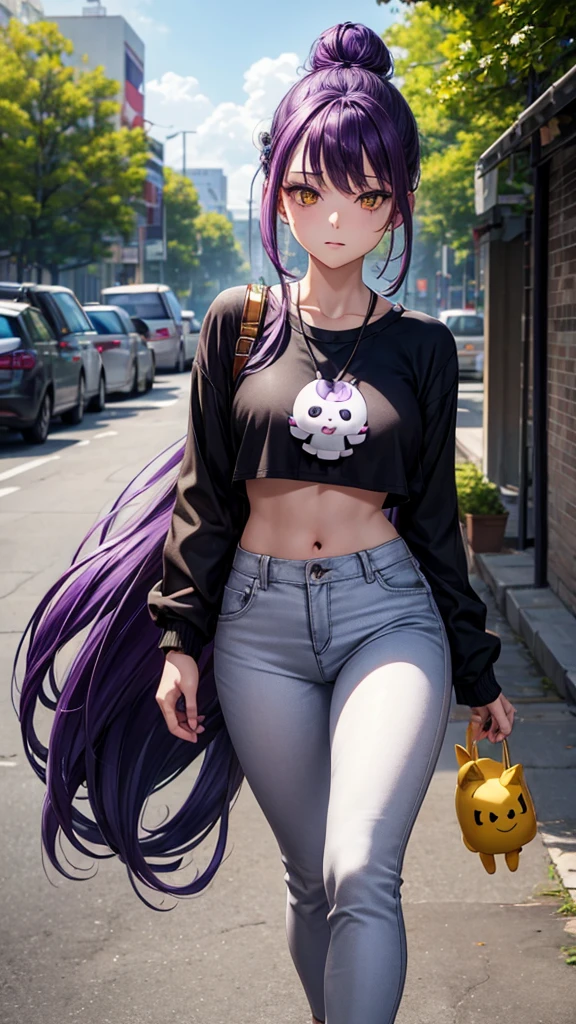 (masterpiece), best quality, expressive eyes, perfect face, purple hair, yellow eyes, women, white crop top, hair in a bun, black pants, one person, walk, carrying a kuromi doll, pretty