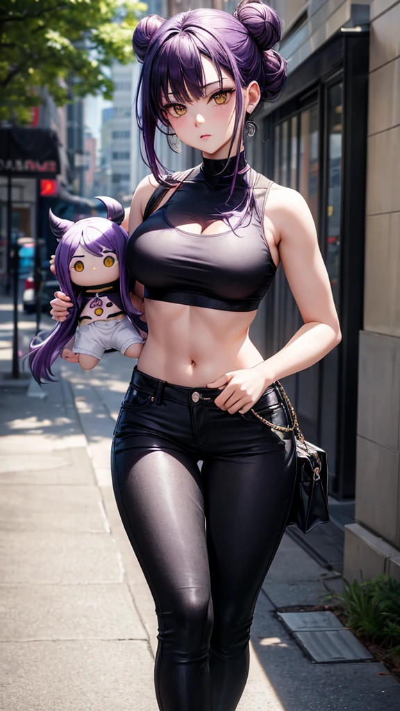 (masterpiece), best quality, expressive eyes, perfect face, purple hair, yellow eyes, women,  white crop top, hair in a bun, black pants, one person, walk, carrying a kuromi doll, pretty