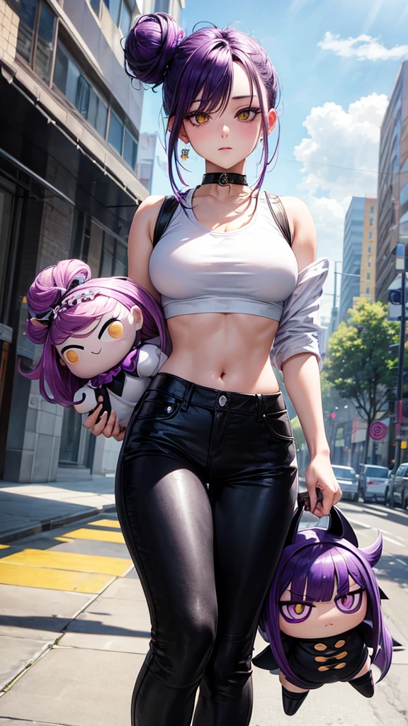 (masterpiece), best quality, expressive eyes, perfect face, purple hair, yellow eyes, women,  white crop top, hair in a bun, black pants, one person, walk, carrying a kuromi doll, pretty