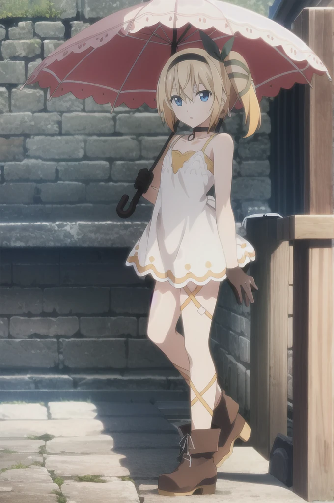 ((masterpiece)),((Highest quality)),Super detailed,Awareness-raising,Explicit,beautiful body,beautiful Nose,beautiful character design,Perfect Eyes,Perfect Face,wallpaper,Ultra-high resolution,4K,photograph,(beautiful,Small breasts:1.2),(beautiful顔:1.2),Beautiful feet,Perfect Legs,Shiny skin,Official Style,Browsing Caution,Official Art,Make a screen cap,Anime Coloring,
One girl,alone,umbrella,Blonde,short hair,choker,Side Ponytail,ribbon,blue eyes,black choker,gloves,leg ribbon,片手gloves,hair band,whole body,hair ribbon,dress,View your viewers,tress ribbon,boots,Are standing,white dress,skirt,clavicle,Beach,Outdoor,Day,